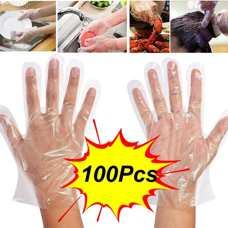 0670 Plastic Transparent Disposable Clear Gloves (White) (100Pc)