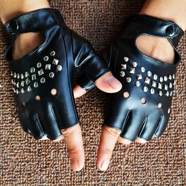 Black Pu Leather Half Finger Gloves for Women