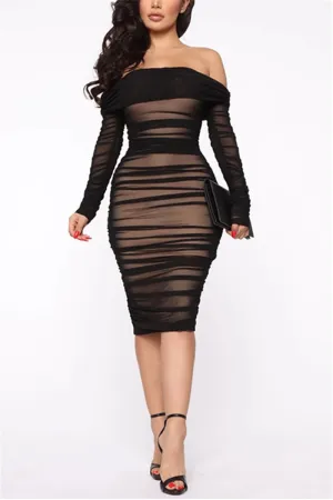 Fashion Sexy Solid Color Off Shoulder Long Sleeve Dress