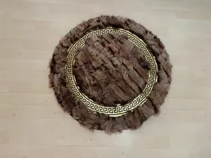 Patchwork Fluffy Soft Brown Gold Organic Sheepskin Handmade Round Rug