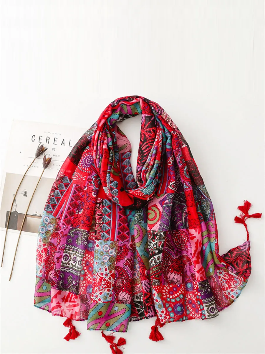 Women Summer Vintage Spliced Tassel Shawl Scarf