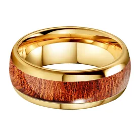 Yellow Gold & Wood Inlay Tungsten Wedding Ring (8mm)